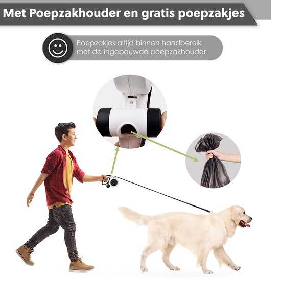 Intrekbare Hondenriem Met Zaklamp – 9,8 Voet (3 M) – Voor Honden Tot 25 Kg – 360° Draaibare Haak – Inclusief Poepzakjes