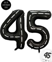 Cijfer Helium Folie Ballon XXL - 45 jaar cijfer - Zwart - Wit - Race Thema - Formule1 - 100 cm - Snoes