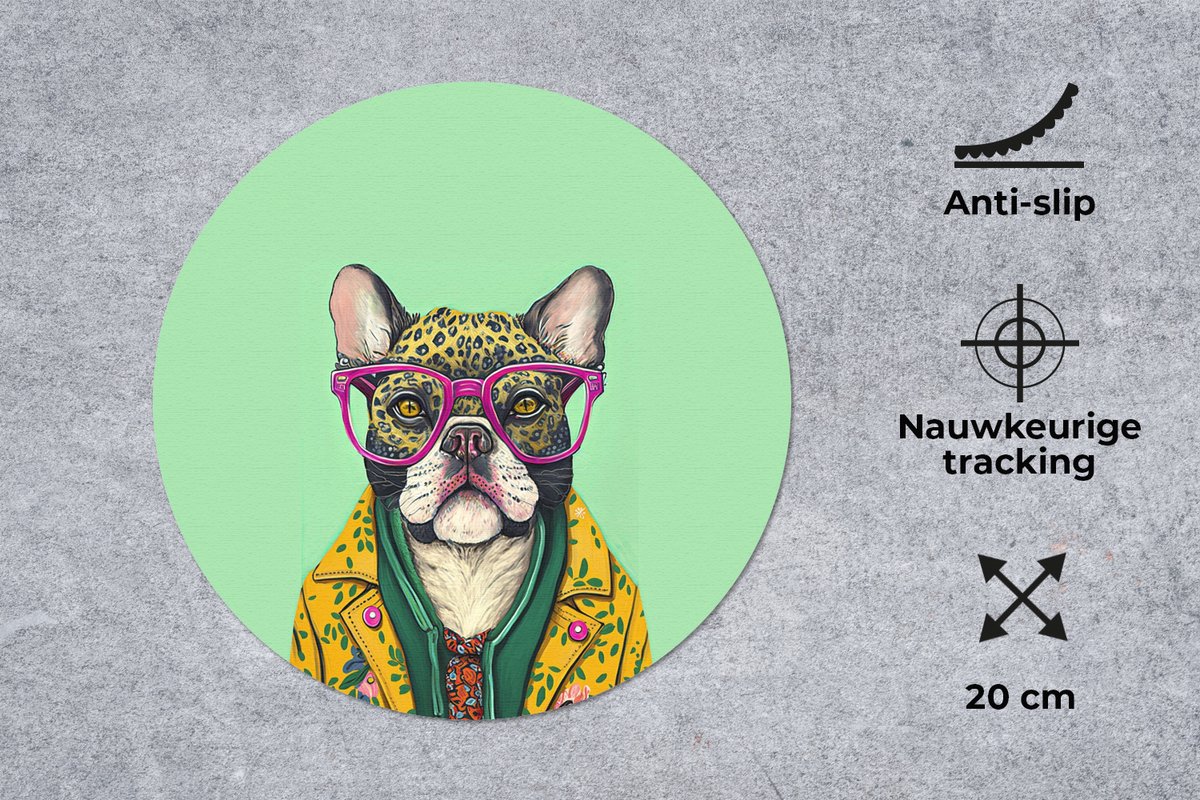 Muismat rond 20x20 cm - Mousepad Hond - Hippie - Dieren - Bril - Ronde muismatten