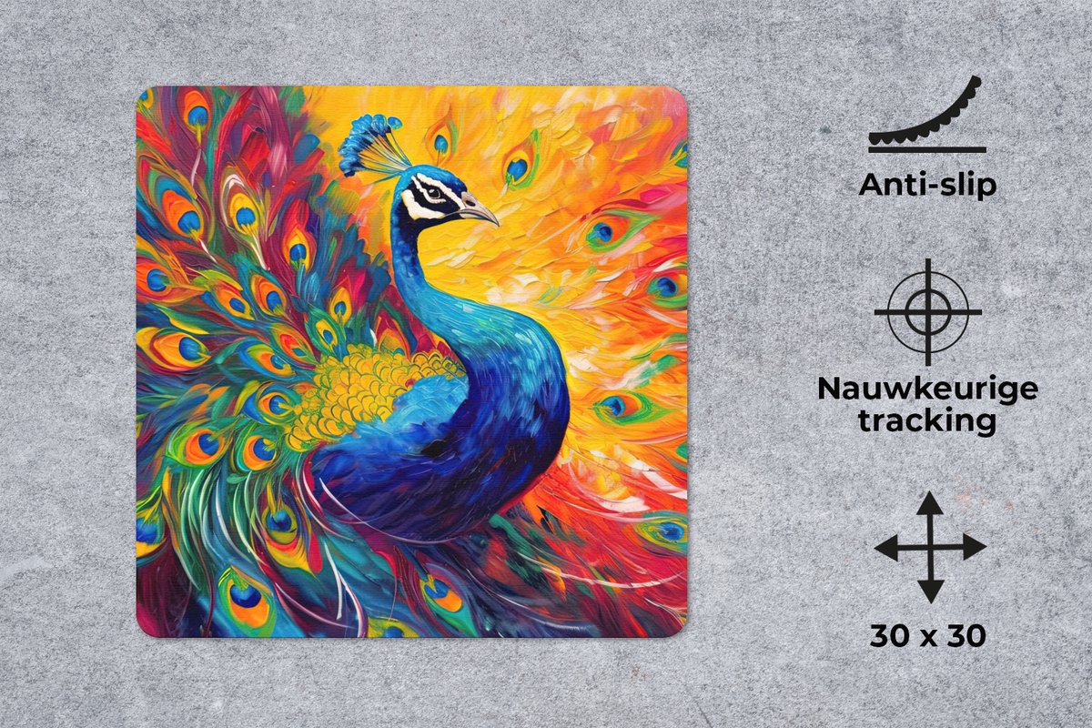 Muismat 30x30 cm - Mousepad Pauw - Kunst - Schilderij - Pauwenveren - Muismatten