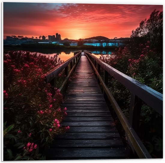 PVC Schuimplaat - Brug naar Ondergaande Zon over het Water - 50x50 cm Foto op PVC Schuimplaat (Met Ophangsysteem)