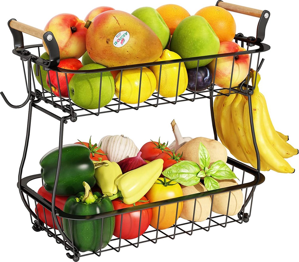 Posity Fruitschaal 2 Laags - Fruitmand - Fruit Etagere - Groentemand - Draadmand - Met bananenhouder - Hout & Metaal - Zwart