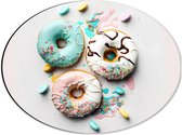 Dibond Ovaal - Donuts met Pastelkleurig Glazuur en Sprinkles - 40x30 cm Foto op Ovaal (Met Ophangsysteem)