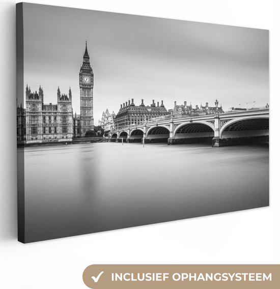 Canvas Schilderij Londen - Big Ben - Water - Skyline - Zwart wit - 120x80 cm - Wanddecoratie