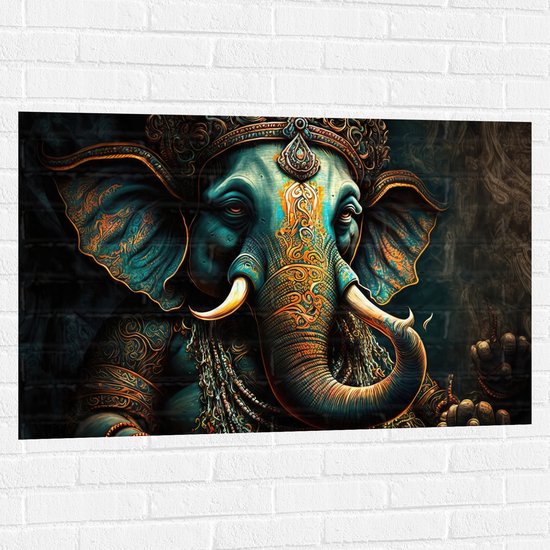 Muursticker - Blauw Ganesha Beeld met Gouden Details - 105x70 cm Foto op Muursticker