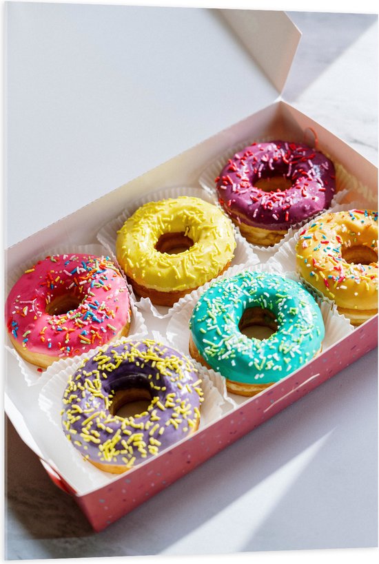 Acrylglas - Gekleurde Donuts met Spikkels in Roze Doos - 70x105 cm Foto op Acrylglas (Wanddecoratie op Acrylaat)