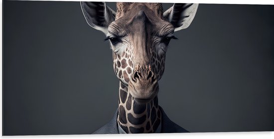Dibond - Giraffe Zakenman in Pak - 100x50 cm Foto op Aluminium (Met Ophangsysteem)