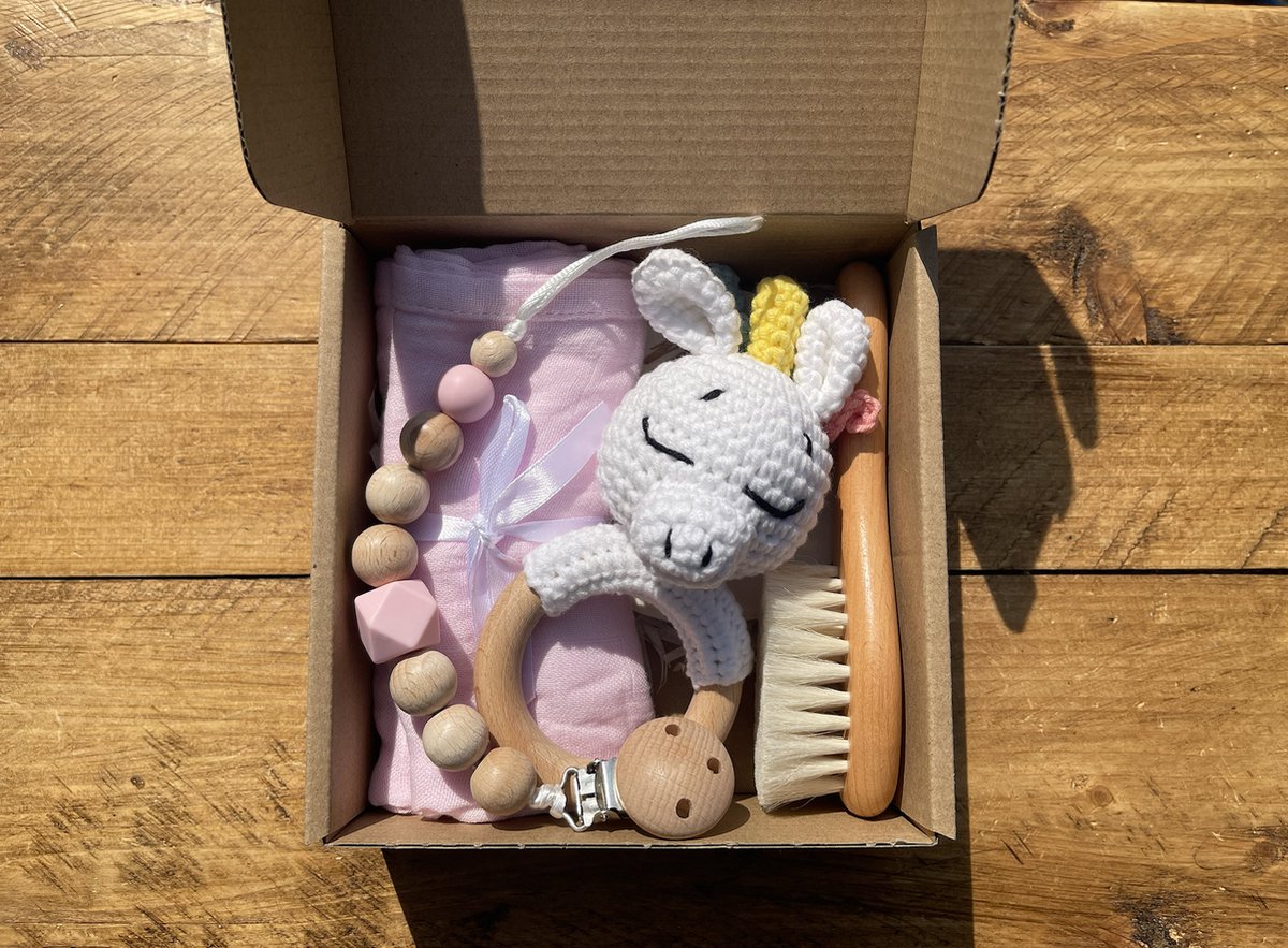 Goedkoopste Giftset Eenhoorn 5-delig | Kraamcadeau | Baby | Set | Rammelaar | Speenkoord | Unicorn