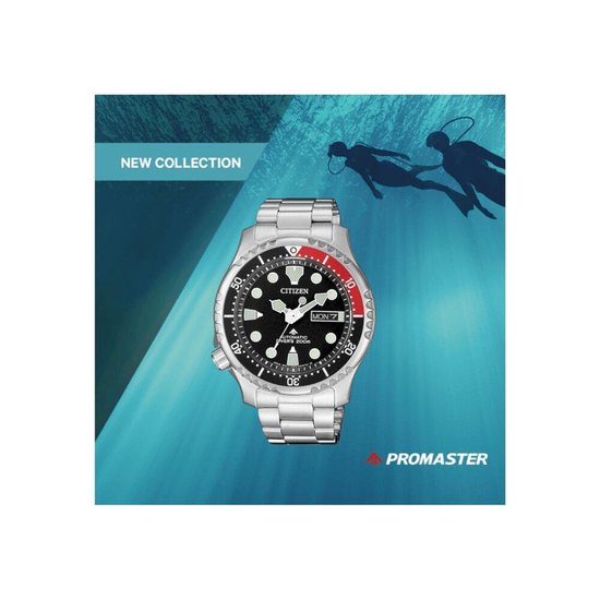Citizen Promaster duikhorloge met zilverkleurige band en rode lunette, op onderwaterachtergrond.
