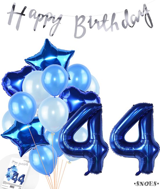 Snoes Ballonnen 44 Jaar Feestpakket – Versiering – Verjaardag Set Mason Blauw Cijferballon 44 Jaar - Heliumballon
