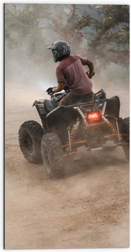 Dibond - Man met Helm Stuntend op Quad door het Zand - 50x100 cm Foto op Aluminium (Met Ophangsysteem)