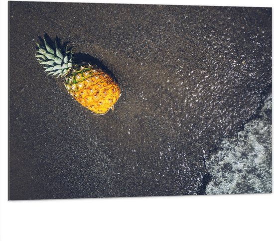 Dibond - Ananas op het Strand met Zee - 100x75 cm Foto op Aluminium (Wanddecoratie van metaal)