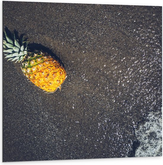 Dibond - Ananas op het Strand met Zee - 100x100 cm Foto op Aluminium (Met Ophangsysteem)
