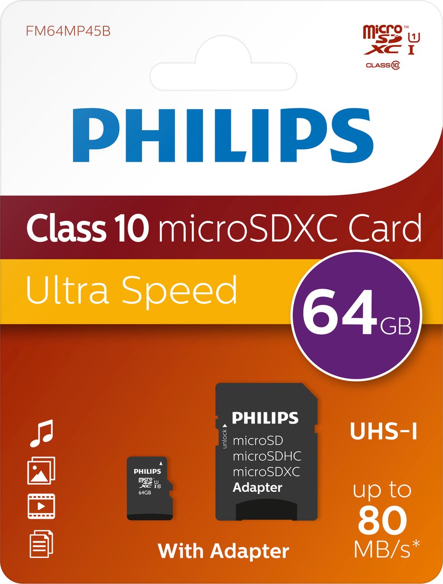 10-pack Philips micro SDXC Class 10 UHS-I U1 64GB (10 stuks)
