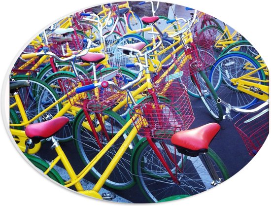 PVC Schuimplaat Ovaal - Vele Kleurrijke Fietsen Geparkeerd in Straat van Dorpje - 28x21 cm Foto op Ovaal (Met Ophangsysteem)