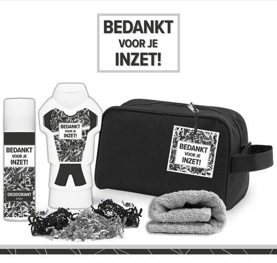 Foto: Geschenkset bedankt voor je inzet 4 producten 500 gram toilettas cadeau man toernooi voetbal volleybal hockey handbal basketbal korfbal trefbal waterpolo rugby sport wedstrijd giftset coach trainer