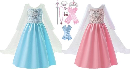 Prinsessenjurk meisje - Prinsessen speelgoed - Het Betere Merk - Roze + Blauwe jurk + Accessoires maat 140/146 (150) - carnavalskleding - 13-Pack - cadeau meisje - verkleedkleren - Kroon - Toverstaf - Juwelen