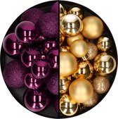 Decoris Boules de Noël 60x pcs - or/violet - 4-5-6 cm - plastique - Décorations de Noël