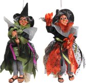 Halloween decoratie heksen pop op bezem - 2x - 25 cm - groen/oranje