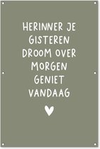 Affiche de jardin texte - Remember Dream Enjoy - Citations - Décoration de jardin Vert olive - Peinture de jardin pour l'extérieur - Décoration de clôture - Jardin - 80x120 cm - Toile de clôture - Toile de jardin - Décoration murale extérieur