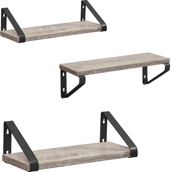 Wandplank set van 3, zwevende plank, wandmontage, plank voor display, industrieel ontwerp, voor woonkamer, badkamer, keuken, grijs-zwart LWS033B02