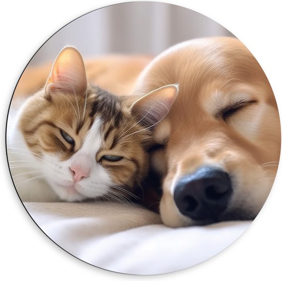 Dibond Muurcirkel - Hond en kat liggen tegen elkaar aan te slapen - 60x60 cm Foto op Aluminium Muurcirkel (met ophangsysteem)