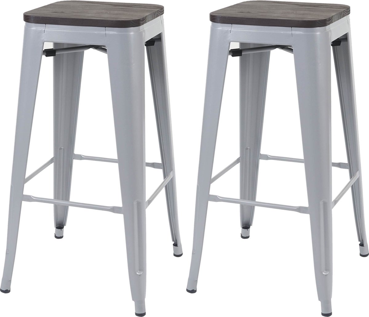 Set van 2 barkrukken MCW-A73 incl. houten zitting, barkruk tegenkruk, metaal industrieel ontwerp stapelbaar ~ grijs