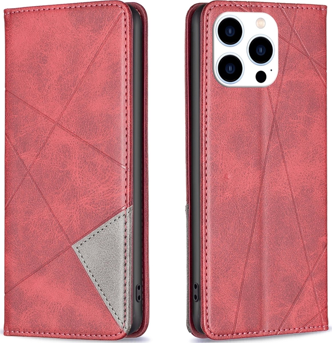 Mobigear Telefoonhoesje geschikt voor Apple iPhone 15 Pro Hoesje | Mobigear Rhombus Slim Bookcase | Pasjeshouder voor 2 Pasjes | Telefoonhoesje voor Pinpas / OV Kaart / Rijbewijs - Rood