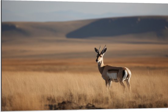 Dibond - Gazelle in open gebied met hoog gras en bergen op de achtergrond - 90x60 cm Foto op Aluminium (Wanddecoratie van metaal)