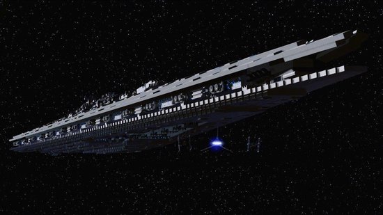 Een lange, grijze Lego Star Destroyer zweeft in de ruimte tussen sterren.