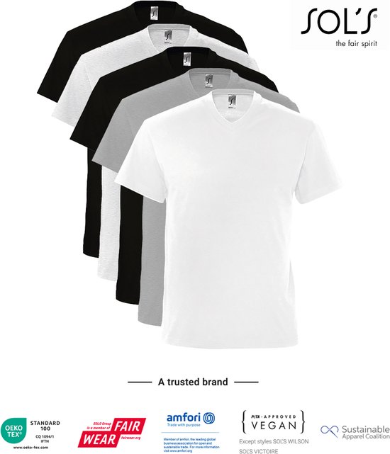 5 Pack SOLS V-hals, Heren T-Shirt 100% katoen V-hals, Zwart, Grijs melee, Donker Grijs / Lichtgrijs gemeleerd,Wit Maat XL