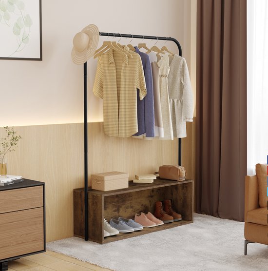 Happyment Kledingrek Kola - Met opbergruimte - Vintage 2 in 1 - Garderobekast organizer schoenenrek - Garderoberek - Opbergruimte - Kledingkast hout - Bruin