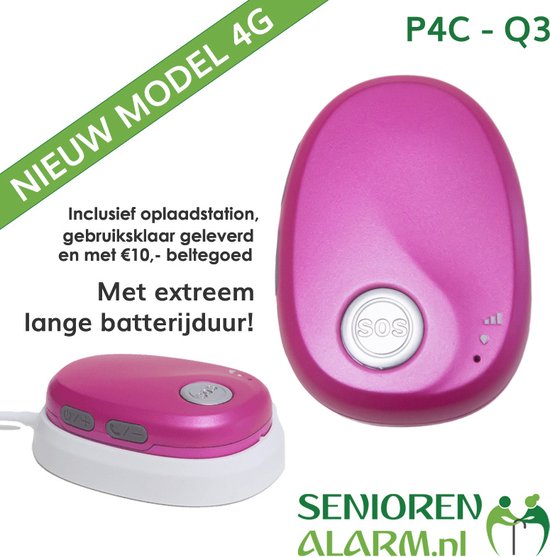 Foto: Alarmknop 4g roze voor ouderen zonder abonnement inclusief oplaadstation senioren alarm paniekknop valalarm persoonsalarm