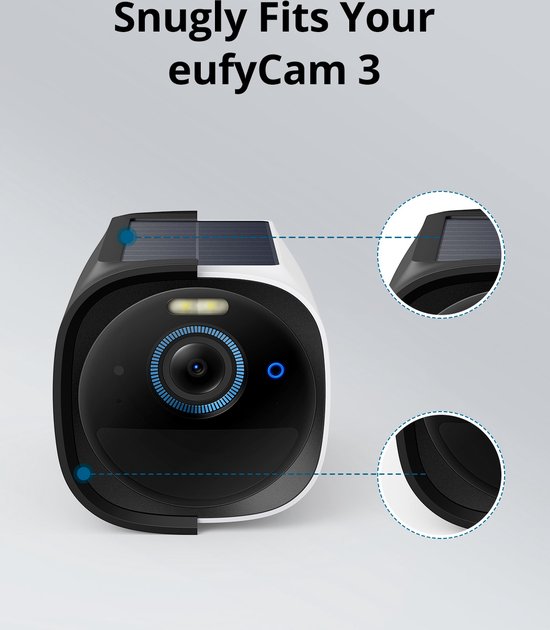 Zwarte eufyCam 3 met zonnepaneel, lampje en blauwe ring rond de lens.
