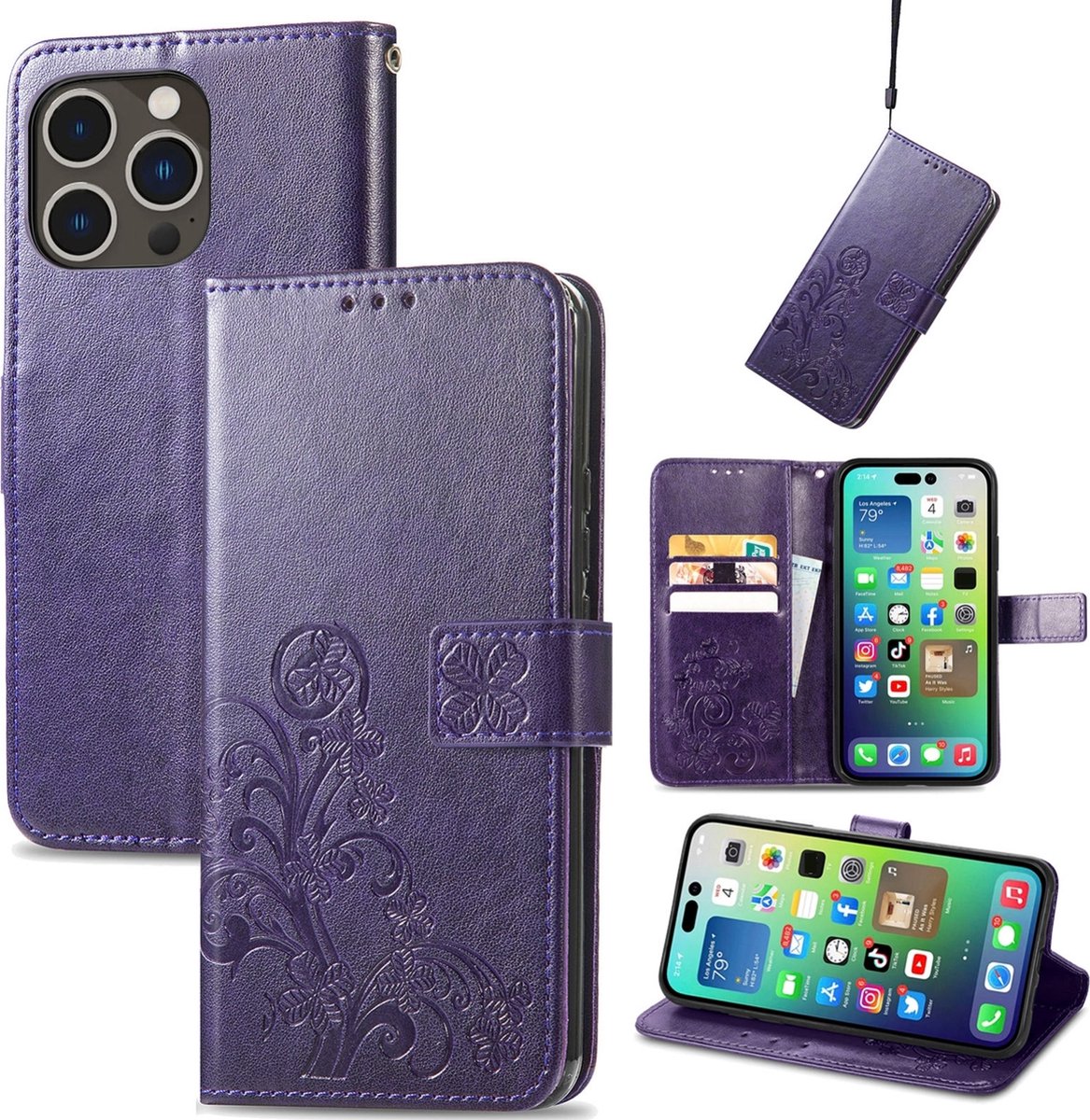 Mobigear Telefoonhoesje geschikt voor Apple iPhone 15 Pro Hoesje | Mobigear Clover Bookcase Portemonnee | Pasjeshouder voor 3 Pasjes | Telefoonhoesje voor Pinpas / OV Kaart / Rijbewijs - Paars