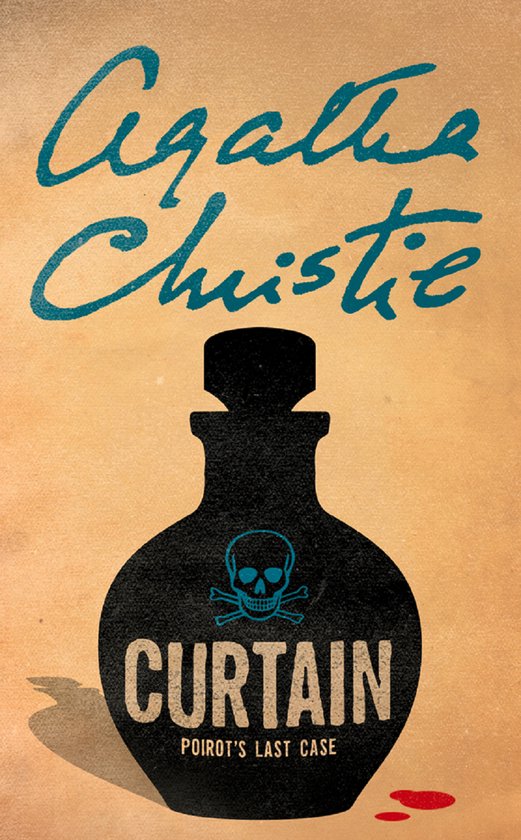 Agatha Christie CURTAIN Poirots Laatste Zaak, een boek met een flesje en schedel en gekruiste botten symbool.