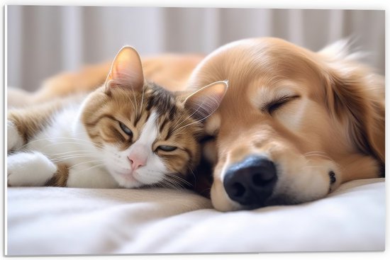 PVC Schuimplaat- Hond en kat liggen tegen elkaar aan te slapen - 60x40 cm Foto op PVC Schuimplaat