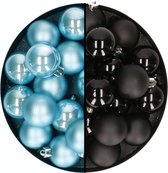 Kerstballen 32x st - mix zwart/ijsblauw - 4 cm - kunststof - kerstversiering
