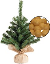 Mini kunst kerstboom groen - met verlichting bollen okergeel - H45 cm