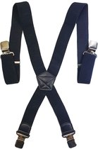 Donkerblauwe bretels met zwarte kruising en zilverkleurige clips.