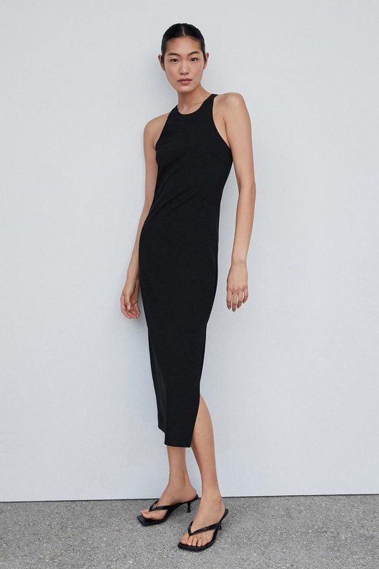 Lange jurk met split - zwart - - 22.00