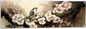 Tuinposter – Tekening van Vogels Vliegend bij Tak met Bloemen - 120x40 cm Foto op Tuinposter (wanddecoratie voor buiten en binnen)