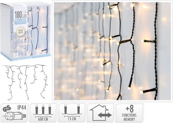IJspegel kerstverlichting 6 meter lengte met 180 LED's en 8 functies - voor binnen & buiten - Warm wit