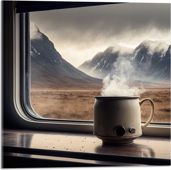 Acrylglas - Stomende Kop Koffie in Camper met Uitzicht op Bergen - 50x50 cm Foto op Acrylglas (Wanddecoratie op Acrylaat)