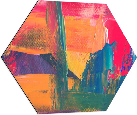 Dibond Hexagon - Abstract Kunstwerk in Oranje, Blauwe en Roze Tinten - 70x60.9 cm Foto op Hexagon (Met Ophangsysteem)