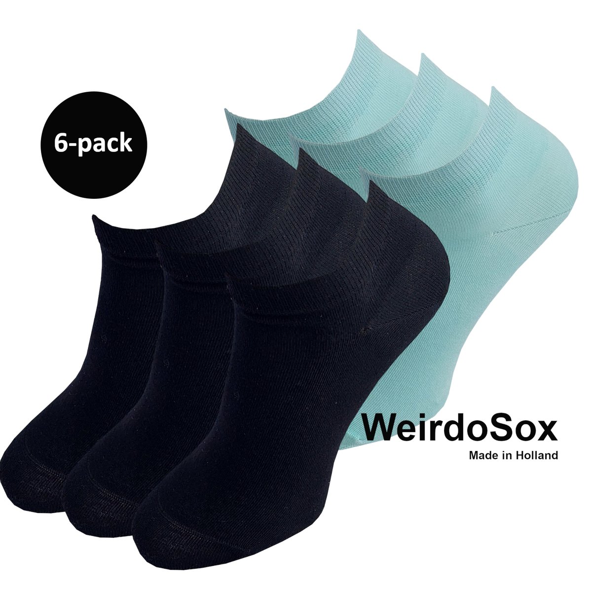 WeirdoSox Bamboe naadloze sneaker sokken Zwart / Mintgroen - Anti zweet - Anti bacterieel - Dames en heren - 6 Paar - Maat 35/38