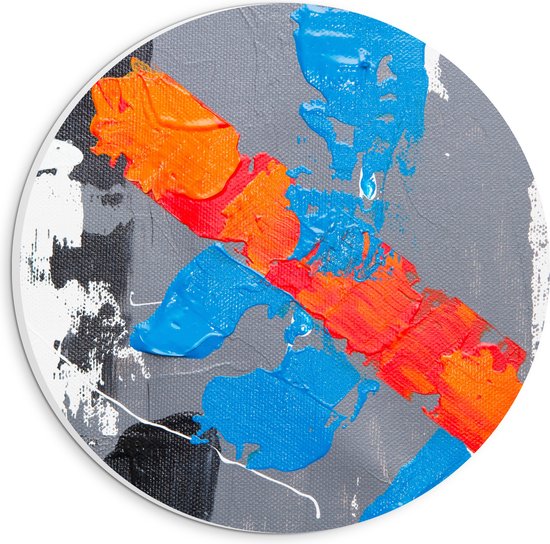 PVC Schuimplaat Muurcirkel - Grijze, Blauwe en Oranje Verfvakken op Witte Achtrgrond - 20x20 cm Foto op Muurcirkel (met ophangsysteem)
