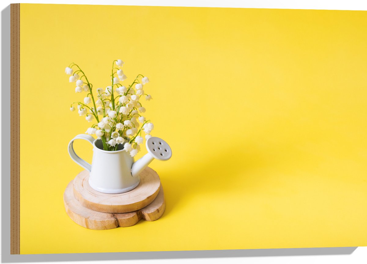 Hout - Boeket in Gieter met Gele Achtergrond - 75x50 cm - 9 mm dik - Foto op Hout (Met Oph