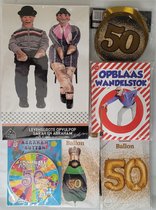 Feestpakket Abraham verjaardag 50 jaar 6-delig: opvulpop - button met led - champagnefles ballon 50 - opblaas wandelstok - spiraalslingers - goudkleurige folieballon 50 jaar