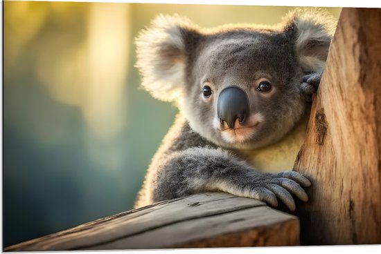 Dibond - Aandoenlijke Koala van Achter Boom - 90x60 cm Foto op Aluminium (Wanddecoratie van metaal)